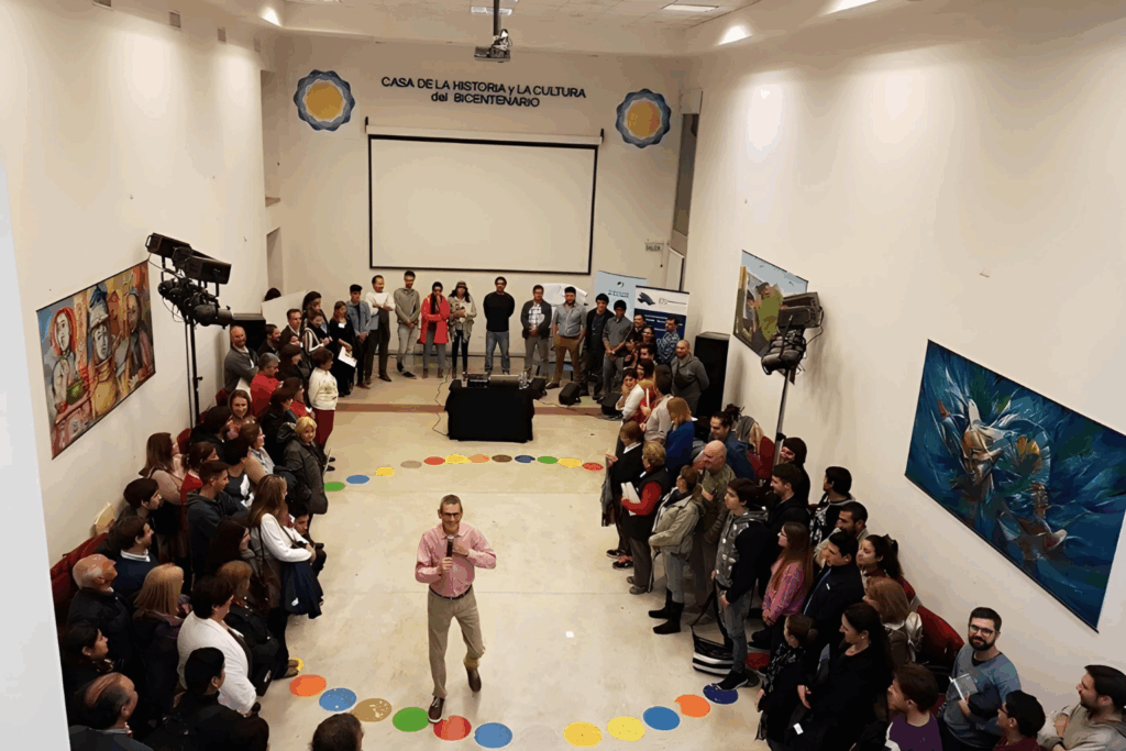 Fotografía de Daniel Colombo guiando una dinámica grupal en la Casa de la Historia y la Cultura del Bicentenario, con los asistentes formando un círculo a su alrededor.