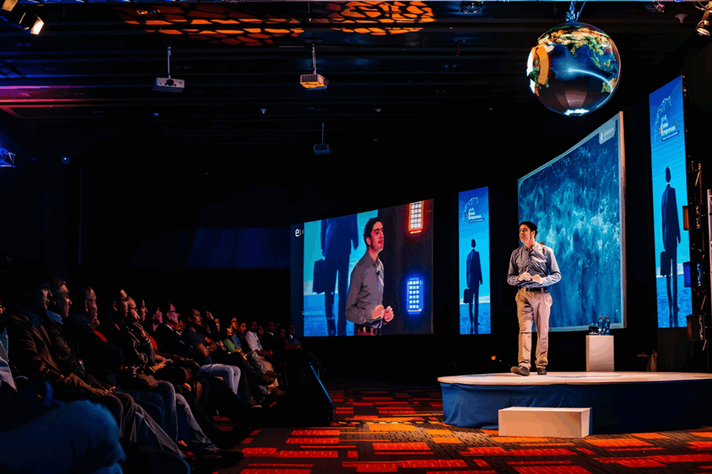 Fotografía de Gabriel Gurovich impartiendo una conferencia en un gran auditorio, con pantallas gigantes proyectando su imagen y un globo terráqueo iluminado suspendido sobre el escenario.