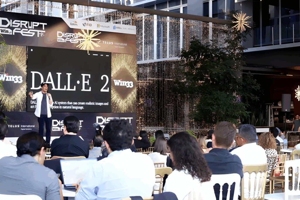 Fotografía de Gabriel Gurovich dando una conferencia en el evento Disrupt Fest, presentando sobre inteligencia artificial y DALL·E 2 frente a un público atento en un espacio moderno al aire libre.
