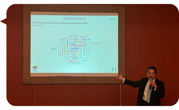 Ness Carballo, conferencista internacional, presentando frente a una pantalla que muestra una nube de palabras sobre los desafíos del liderazgo organizacional en 2024.