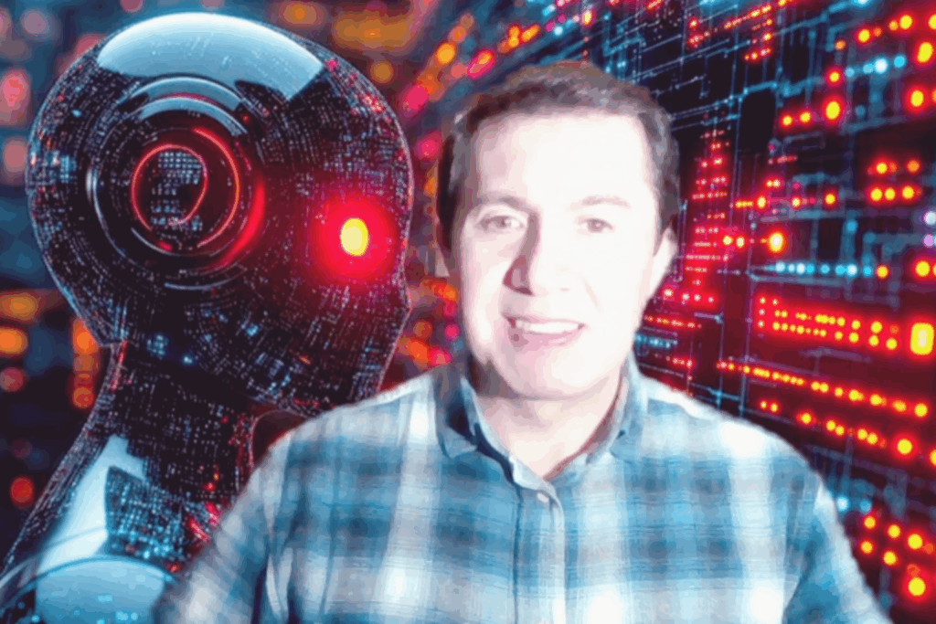 Fotografía de Rodrigo Rivera con fondo digital futurista que muestra un robot y circuitos iluminados en tonos rojos y azules, vistiendo camisa a cuadros.