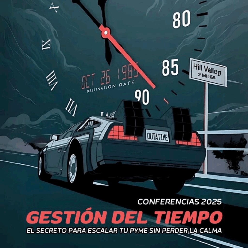 Imagen promocional de la conferencia “Gestión del Tiempo” del Dr. Alejandro Lanuque, con un auto tipo DeLorean acelerando hacia un velocímetro y una fecha digital del pasado.