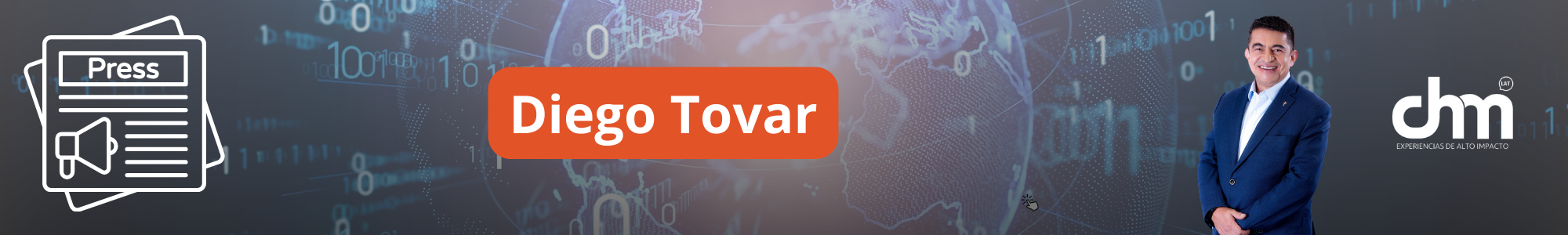 Imagen de banner con el nombre del conferencista Diego Tovar a la izquierda y su fotografía a la derecha, vestido en traje azul marino. Un fondo abstracto que representa líneas de código y tecnología, junto a un logo de CHM.