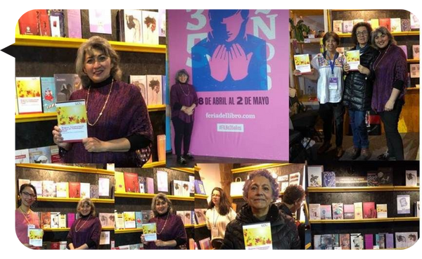 Beatriz Ramírez junto a un grupo de personas en un evento de la iniciativa "Integrando Horizontes", con un cartel informativo de fondo.