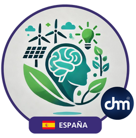 Icono redondo de EcoHuman con una silueta de perfil humano, elementos de naturaleza y energías renovables, y el distintivo de España y del logotipo CHM.