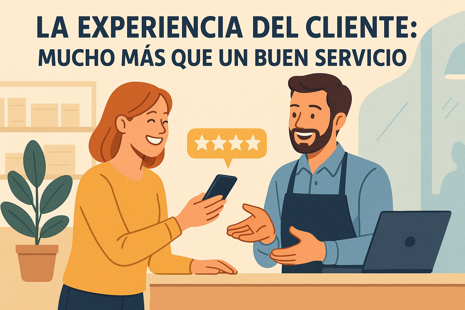 Ilustración de una clienta sonriendo y calificando con cinco estrellas a un vendedor, representando una experiencia del cliente positiva.