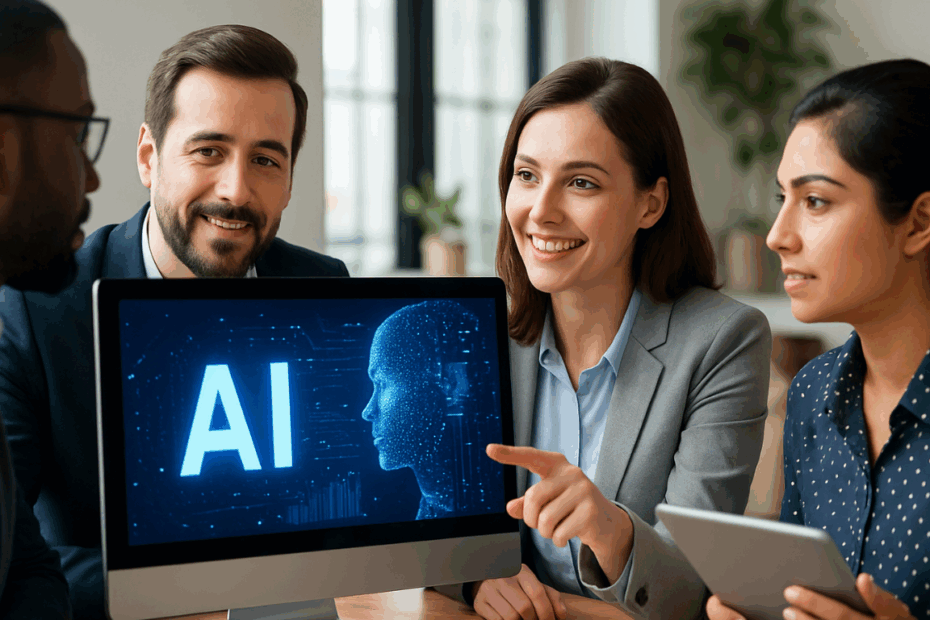 Profesionales analizando estrategias de IA en el marketing frente a un monitor con visualización de inteligencia artificial