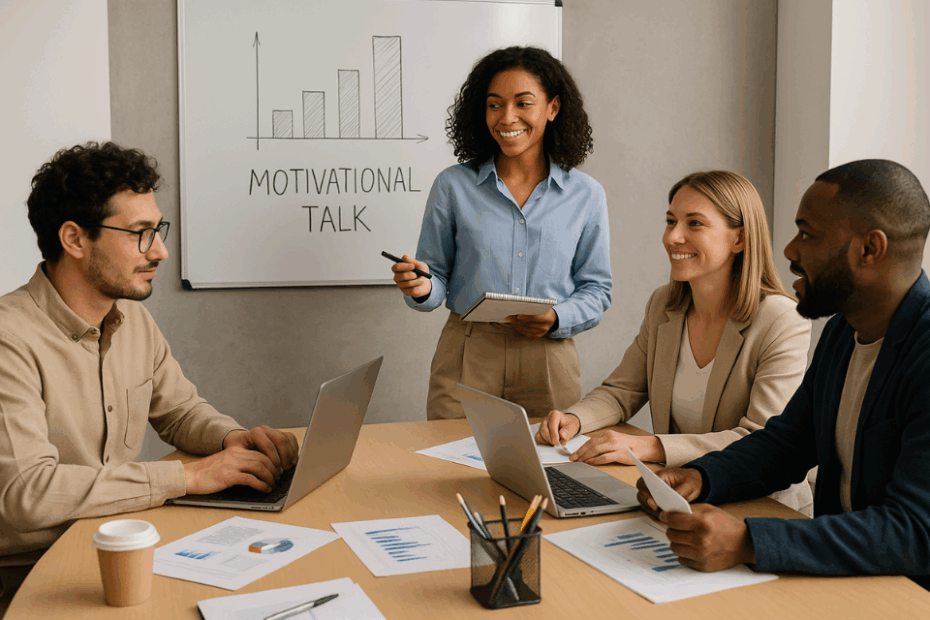 Reunión de equipo en oficina durante una sesión de charlas motivacionales, promovida por Charlas Motivacionales Latinoamérica.
