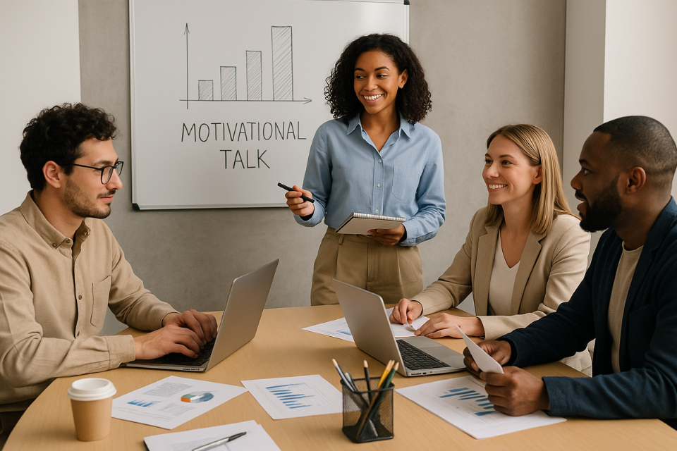 Reunión de equipo en oficina durante una sesión de charlas motivacionales, promovida por Charlas Motivacionales Latinoamérica.