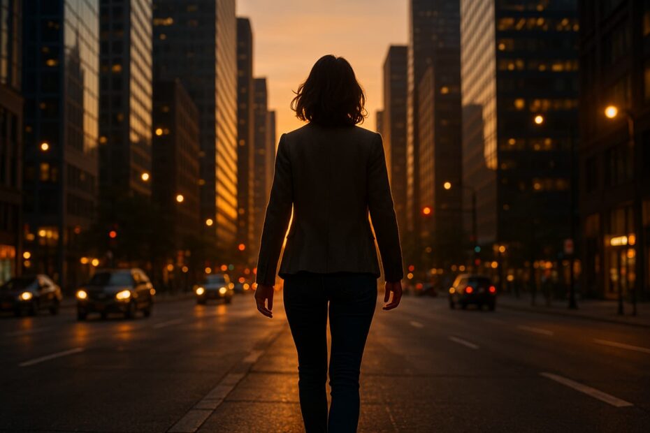 ersona caminando por una ciudad al atardecer simbolizando cómo tomar el control de tu vida.