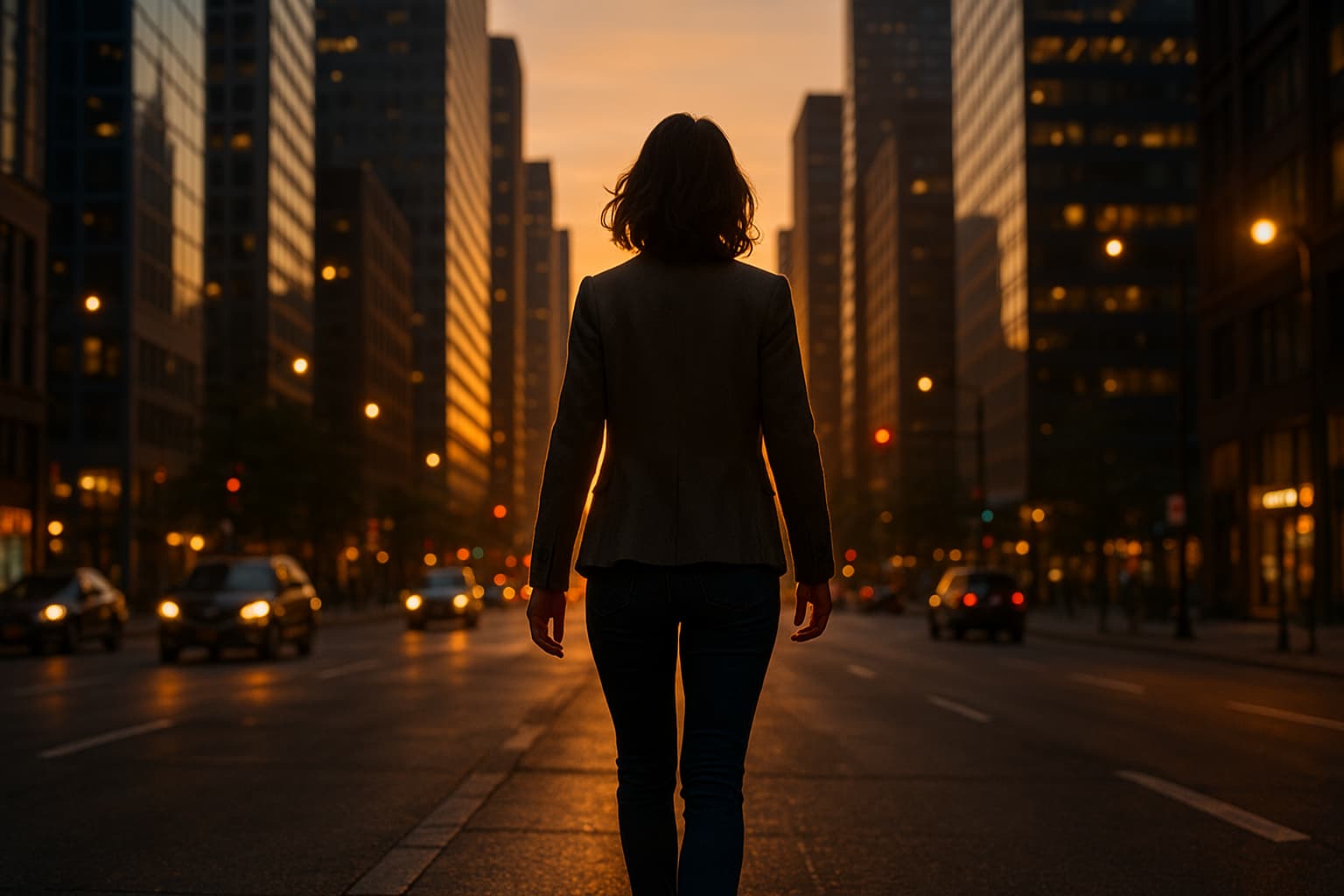 ersona caminando por una ciudad al atardecer simbolizando cómo tomar el control de tu vida.