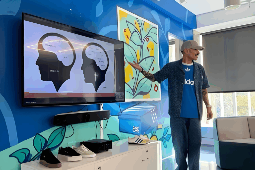 Fotografía de Octavio Díaz Matus ofreciendo una presentación en un espacio moderno y creativo, señalando una pantalla con ilustraciones de cerebros y conceptos, vistiendo ropa deportiva casual.