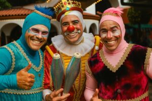 res artistas sonrientes disfrazados de payasos y arlequines posan juntos para una foto colorida, simbolizando la alegría de vivir de tu pasión.