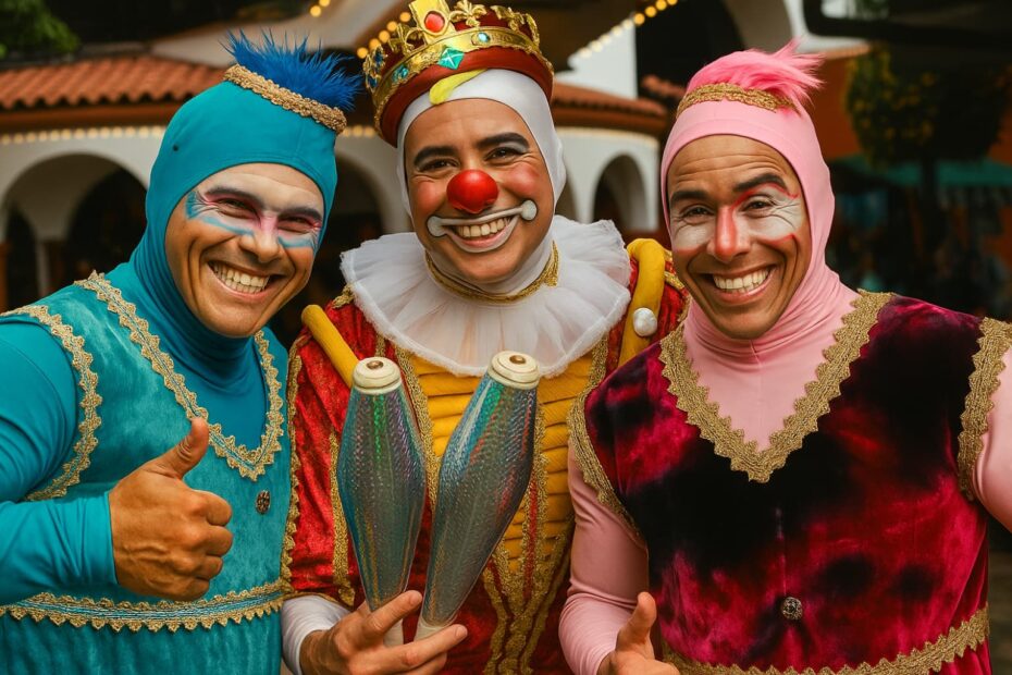 res artistas sonrientes disfrazados de payasos y arlequines posan juntos para una foto colorida, simbolizando la alegría de vivir de tu pasión.