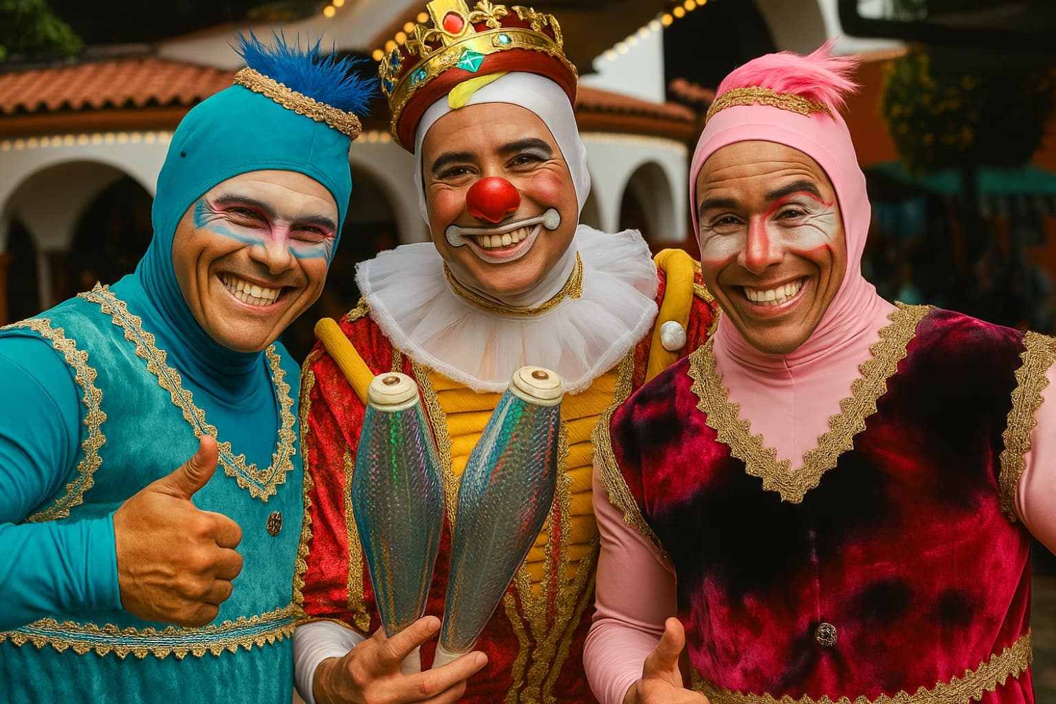 res artistas sonrientes disfrazados de payasos y arlequines posan juntos para una foto colorida, simbolizando la alegría de vivir de tu pasión.