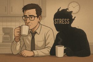 Hombre tomando café junto a una figura oscura que representa el estrés crónico.