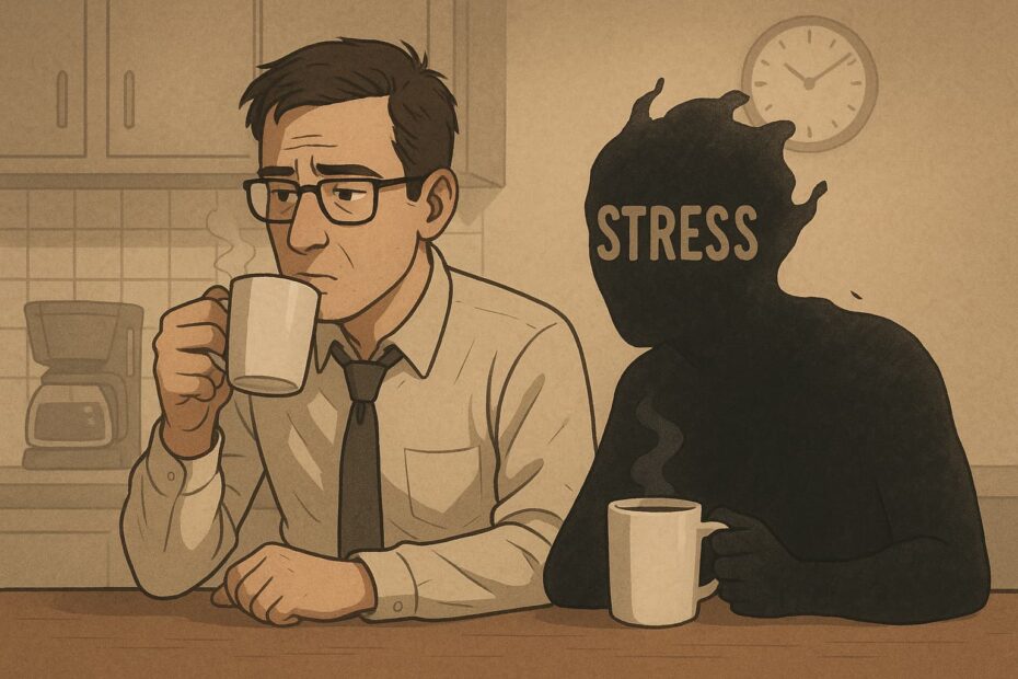 Hombre tomando café junto a una figura oscura que representa el estrés crónico.