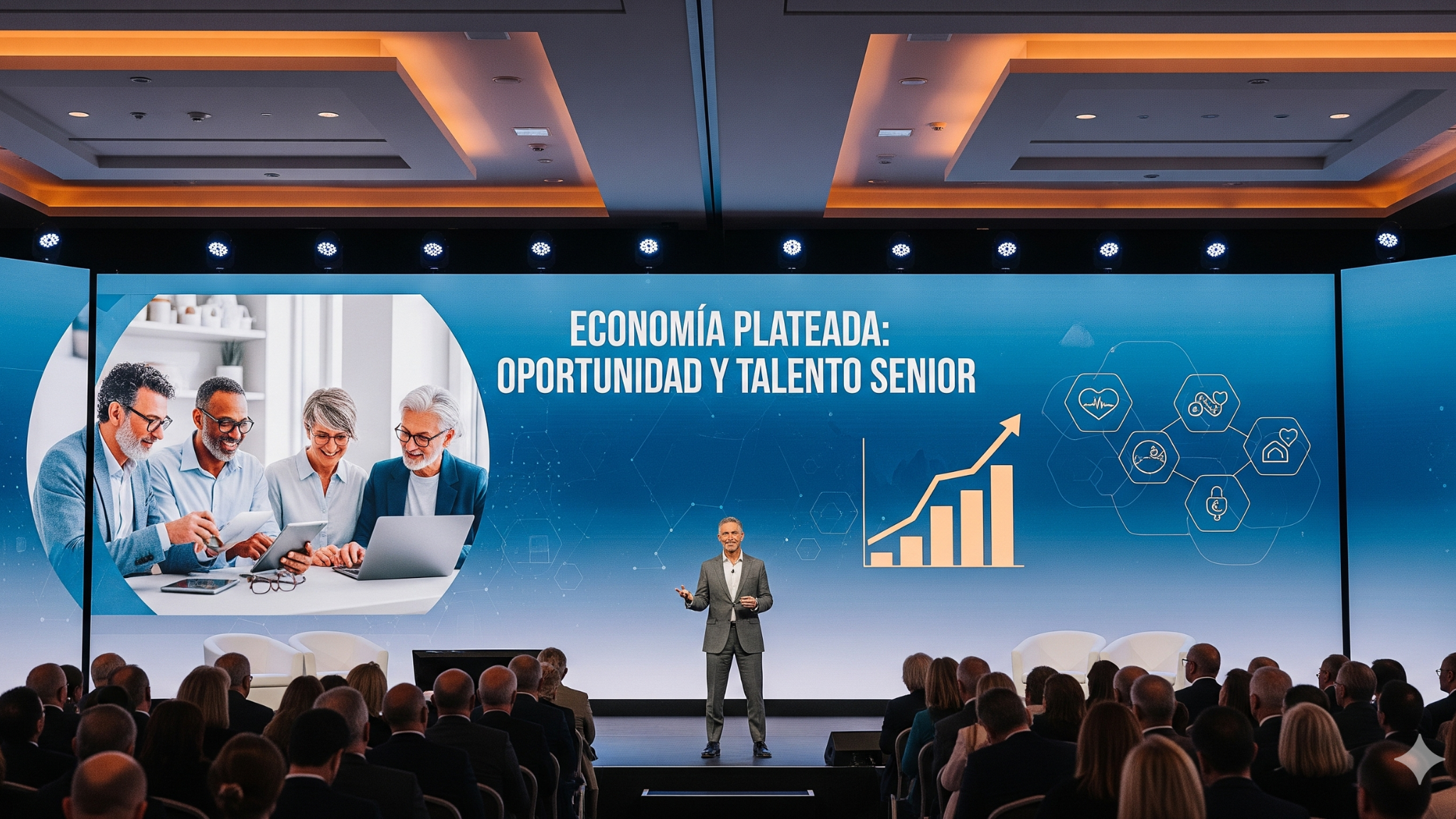 Fotografía de un conferencista presentando sobre “Economía plateada: Oportunidad y talento senior”, con una audiencia atenta y una pantalla que muestra gráficos de crecimiento, salud y personas mayores activas. Imagen ideal para ilustrar conferencistas de economía plateada.