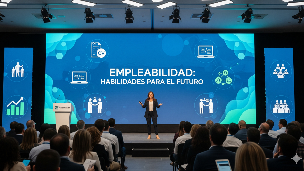 Fotografía de una conferencista presentando sobre “Empleabilidad: Habilidades para el futuro” frente a una audiencia empresarial, con íconos de currículum, trabajo en equipo y crecimiento profesional. Imagen ideal para ilustrar conferencistas de empleabilidad.