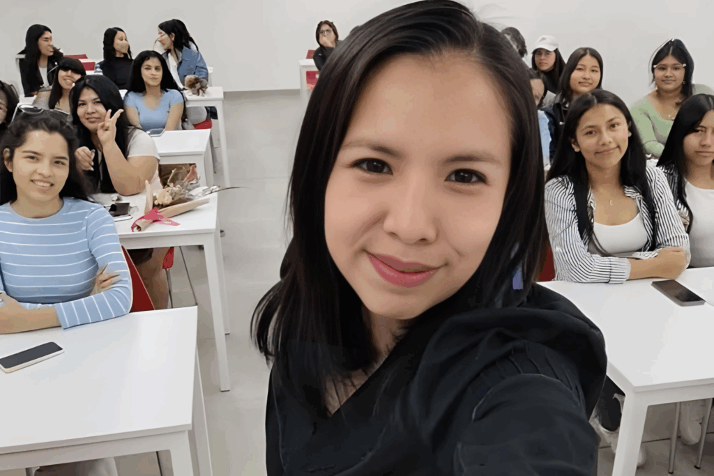 Fotografía de Erika Hernández, conferencista, sonriendo al frente de un grupo de jóvenes asistentes en un aula blanca y moderna.