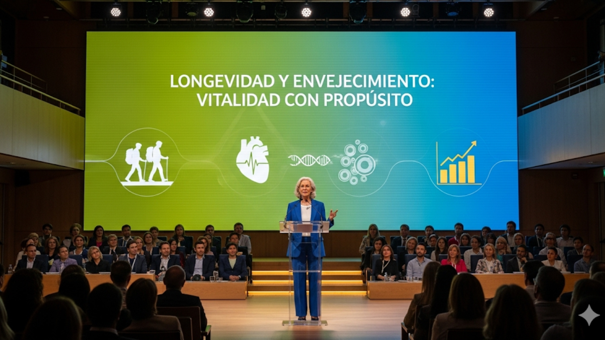 Fotografía de una conferencista en un auditorio profesional durante una presentación sobre vitalidad y envejecimiento saludable, con una pantalla que resalta el tema “Longevidad y envejecimiento: Vitalidad con propósito”. Imagen ideal para ilustrar a conferencistas de longevidad y envejecimiento.