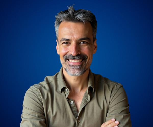 Fotografía de Antoni Fernández I Brugués, con una expresión amable y segura, posando frente a un fondo azul intenso. Viste una camisa casual verde oliva y luce una barba entrecana bien cuidada.