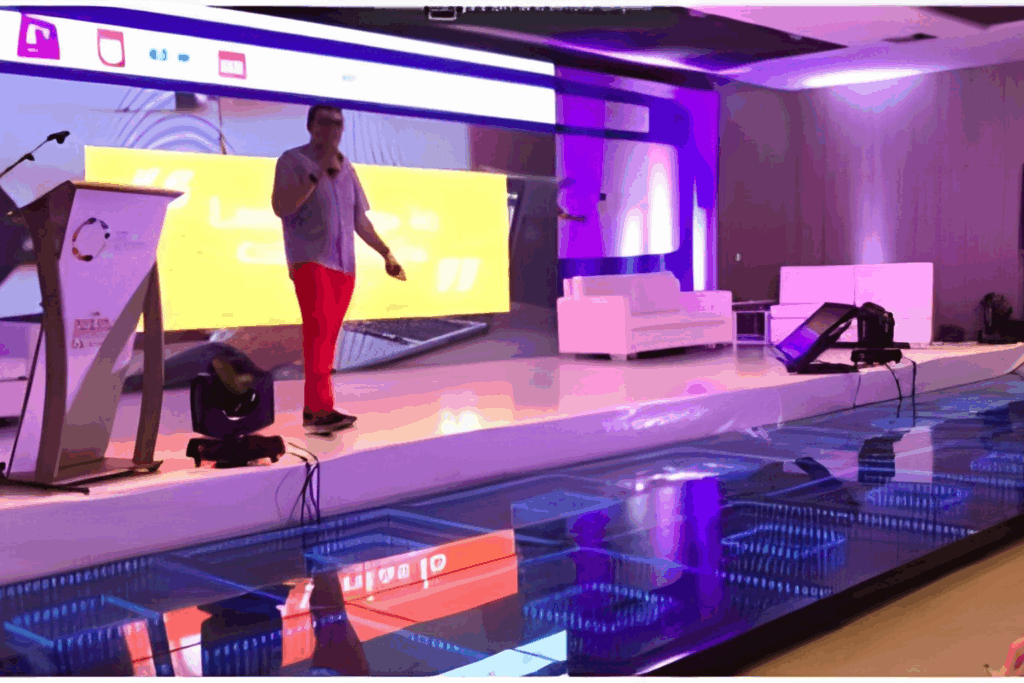 Fotografía de Gustavo De La Vega, conferencista, en un escenario iluminado con luces moradas y pantallas LED, hablando al público con micrófono en mano durante un evento corporativo.