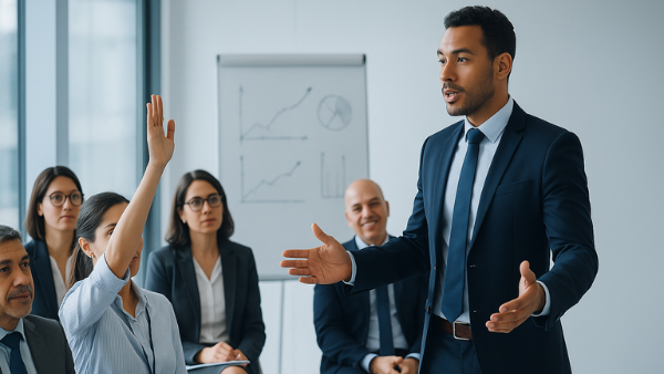 Conferencista liderando una formación corporativa con equipos profesionales en un entorno empresarial moderno