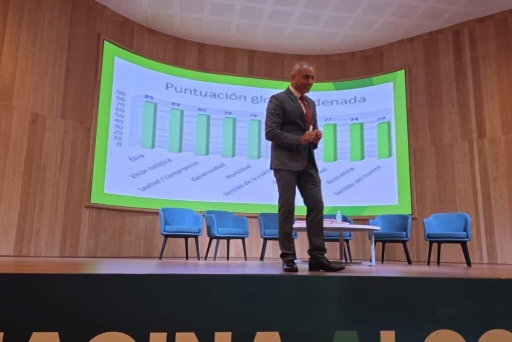 Fotografía de Julián Aguilar Estrada presentando en auditorio moderno, de pie frente a una gráfica proyectada con indicadores de valores como ética, compromiso y humildad, en un entorno profesional con sillas azules y panel de madera.